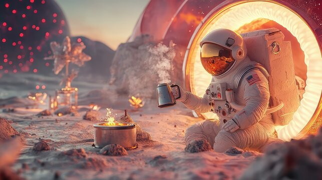 Lunar living: space explorer crafting a hot drink as a kettle floats mid-air inside a futuristic Moon base kitchen
