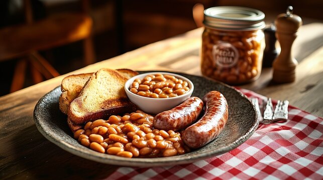 Hearty english lunch: sausages, beans, toast on rustic plate, meica jar, red-white cloth, sunlit kitchen vibe
