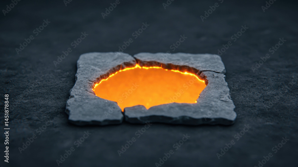 Poster glowing lava emanates from cracked stone floor on dark background in a mysterious setting