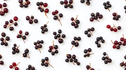 Top down view of dark red chokecherries with small stems on a clean white background native American wild fruit used in jellies and heritage recipes cut out on isolated transparent removed background