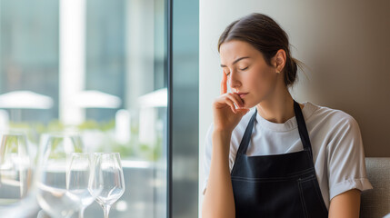 Tired waitress taking a break, sitting alone in restaurant, feeling stressed and overwhelmed. Concept of workplace fatigue, burnout and emotional exhaustion in service industry.