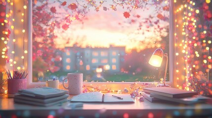 Cozy Autumn Window View with Warm Lights and Beautiful Sunset