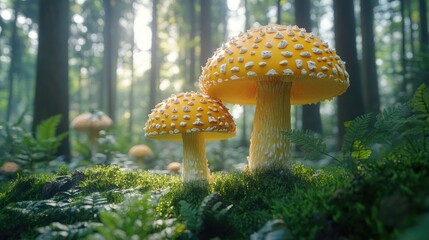 Fototapeta premium Forest floor mushrooms. Sunlight filters through trees