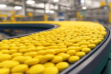 Obraz premium Pharmaceutical manufacturing process with yellow tablets on conveyor belt in facility