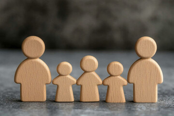 Families signing up for policy enrollment with wooden figures representing individuals and households