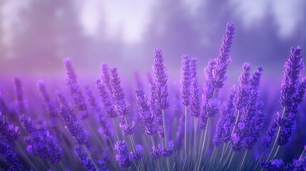 Soft Lavender Fields Under a Gentle Morning Light at Sunrise