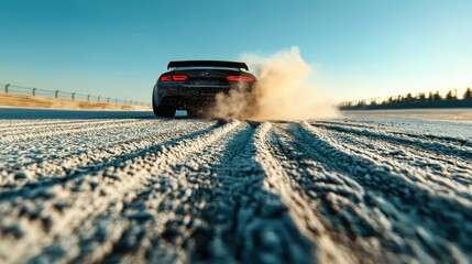 Car Skid on Snowy Track with Dust Clouds in Winter Scene