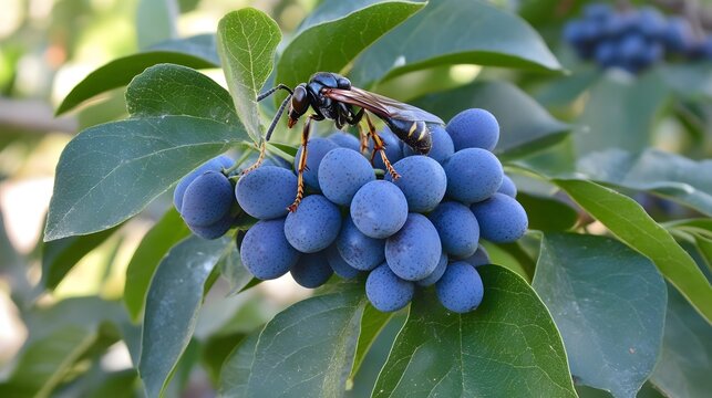 Black and Yellow Wasp on Blue Berries, Nature Closeup - Powered by Adobe