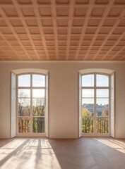 Obraz premium Empty room with large windows, showcasing a sun-drenched view of a park and city beyond. Ornate, light-beige ceiling