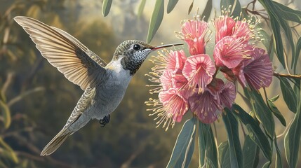 Fototapeta premium An illustration of a hummingbird in flight, hovering delicately in front of a vibrant orange flower.