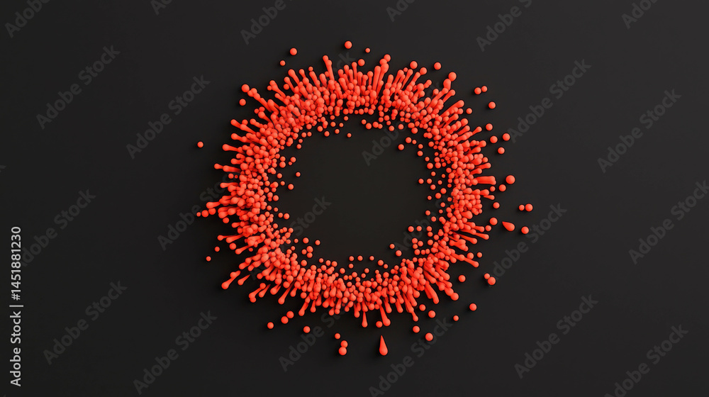 Poster abstract red circular shape with textured particles on black background for creative designs