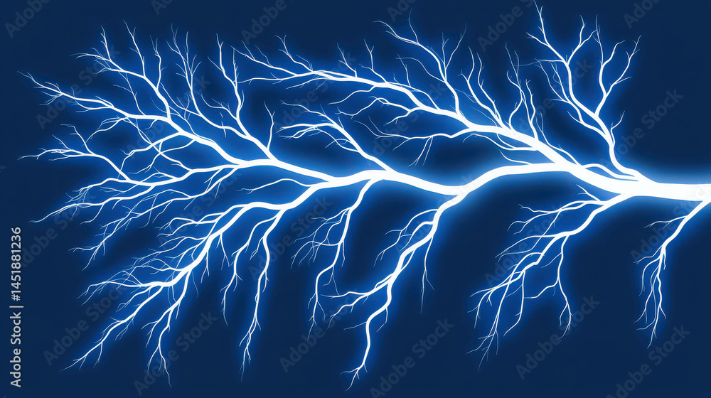 Poster bright electric lightning bolt illuminating dark blue background with intricate branching patterns