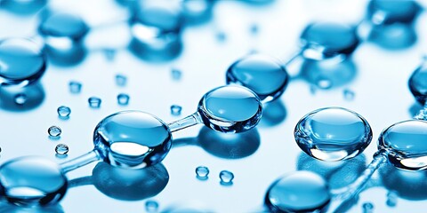 Clear, spherical droplets, linked together, creating a chain-like structure.  A network of translucent, water-like spheres, with connecting elements, suggest a molecular or cellular structure