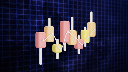 3D illustration of financial growth concept. Colorful bar chart with upward arrow symbolizing business success and economic development, isolated on blue background.