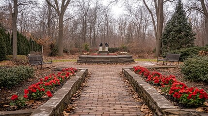 Quiet park with a historical monument for Presidents' Day, patriotic theme, historical landmark, quiet outdoor space, public park, national celebration.