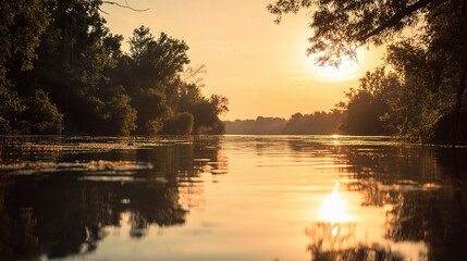 Obraz premium Serene Sunset Reflection on Calm River Water in HD Quality
