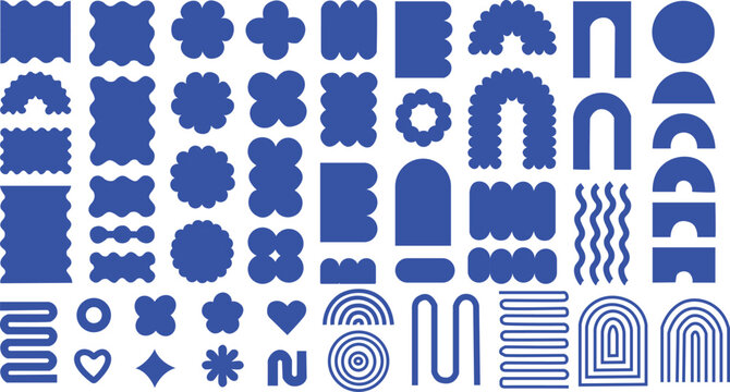 Abstract geometric shapes and icons blue color. Brutal modern contemporary figure. Swiss design aesthetic Abstract 70s 80s pop art style abstract figures.