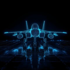  digital wireframe hologram of a fighter jet on a dark tarmac, glowing blue with detailed lines, showcasing modern
