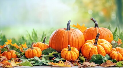 Vibrant Pumpkin Arrangement Surrounded by Colorful Autumn Leaves