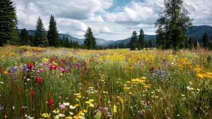 Fototapeta premium A vast field of wildflowers sways gracefully in the summer breeze
