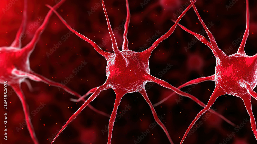 Poster red neurons with long axons and dendrites against dark background in abstract scientific image
