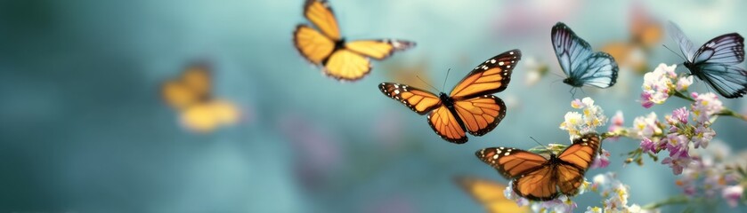 Fototapeta premium Delicate colorful butterflies flutter gracefully around the garden