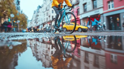 Urban Cyclist in Yellow Jacket Riding Through Rainy City Streets