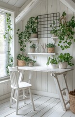 White home office with plants, shelves, and natural light