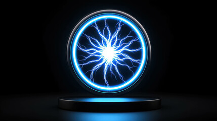 Glowing Blue Electric Energy Sphere with Radiating Lightning Effects on Black Background