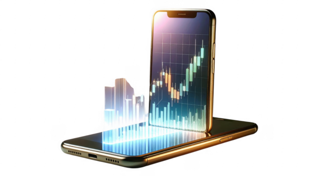 Smartphone Displaying Financial Data with Graphs and Trends