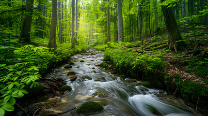 A stream flowing through a lush green forest with trees and vegetation on either side of the water