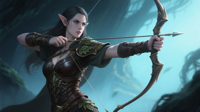 Female elf archer ready to shoot in a magical battle pose