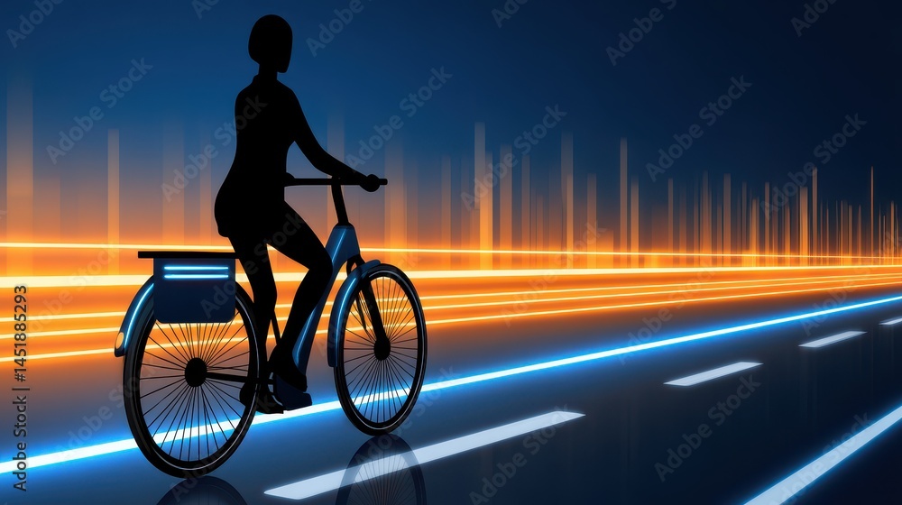 Poster silhouette of a cyclist in a vibrant cityscape with motion elements and dynamic light trails in doub