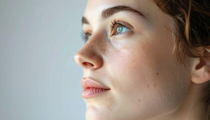 Serene Gaze of Beauty: A captivating portrait features a woman with clear skin, expressive eyes, and natural features, her gaze directed upwards, radiating a sense of introspection and quiet grace.