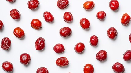 Top down view of dried and fresh jujube fruits neatly arranged on a clean white background sweet red fruit often used in American herbal teas and snacks cut out on isolated transparent background