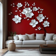 White floral wall art in red room interior design