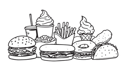 Set with fast food products line art illustration collection design