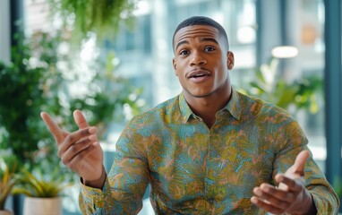 Confident Man in a Stylish Printed Shirt, Engaging in a Conversation