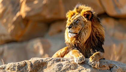 Obraz premium Lion's Regal Pose: A majestic male lion sits perched atop a rocky outcrop, its amber eyes gazing intently, a picture of regal power and serene dominance in the golden light.