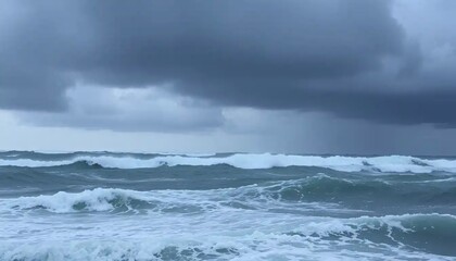 Dramatic Stormy Ocean with Towering Waves and Dark Clouds