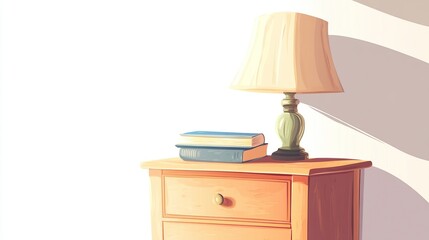 Simple bedside table with lamp and books