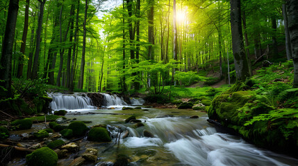 Obraz premium A scenic view of a forest with a stream flowing through it and sunlight shining through the trees