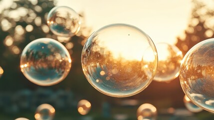 Beautiful Soap Bubbles Floating in Sunset Light with a Nature Background
