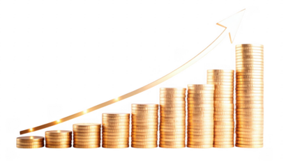 Growth in Finance with Increasing Coins and an Upward Arrow Graph