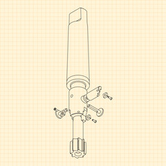 Mechanical engineering drawings. Tap tools, borer. Technical Design. Cover. Blueprint. Step Cutting Tool with Countersinking Function. Technical 3D Vector Illustration