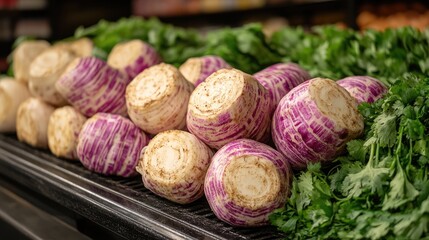 Fresh purple turnips arranged on a grocery store display, flanked by fresh herbs