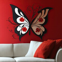Red wall decor butterfly art, living room sofa