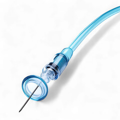 Medical needle with tubing shown close up on transparent background