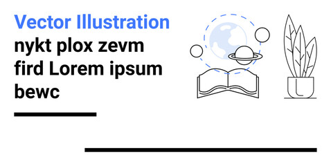 Open book with a globe above it, surrounded by planetary orbit lines and a decorative plant. Ideal for education, learning, creativity, ecology, sustainability, exploration, simple landing page