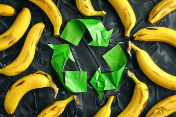Fresh Bananas Surrounding Green Recycling Symbol on Dark Background